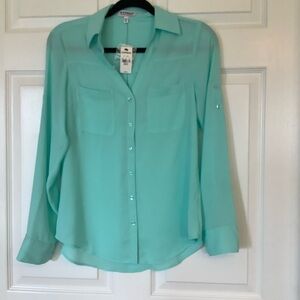 NWT Express Pastel Green Button Down Shirt Notched Collar/Roll-Tab Sleeve Sz XS